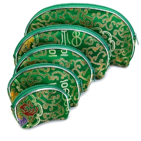Emerald Green Embroidered Oriental Nesting Organizer Zip Pouches NWT - Picture 1 of 6